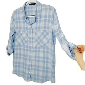 Sanctuary Blue & White Plaid Boyfriend Button Up Shirt Roll Tab Sleeves S